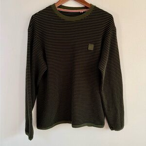 Laguna Striped Crewneck Sweater Olive Green Ribbed Long Sleeve Medium